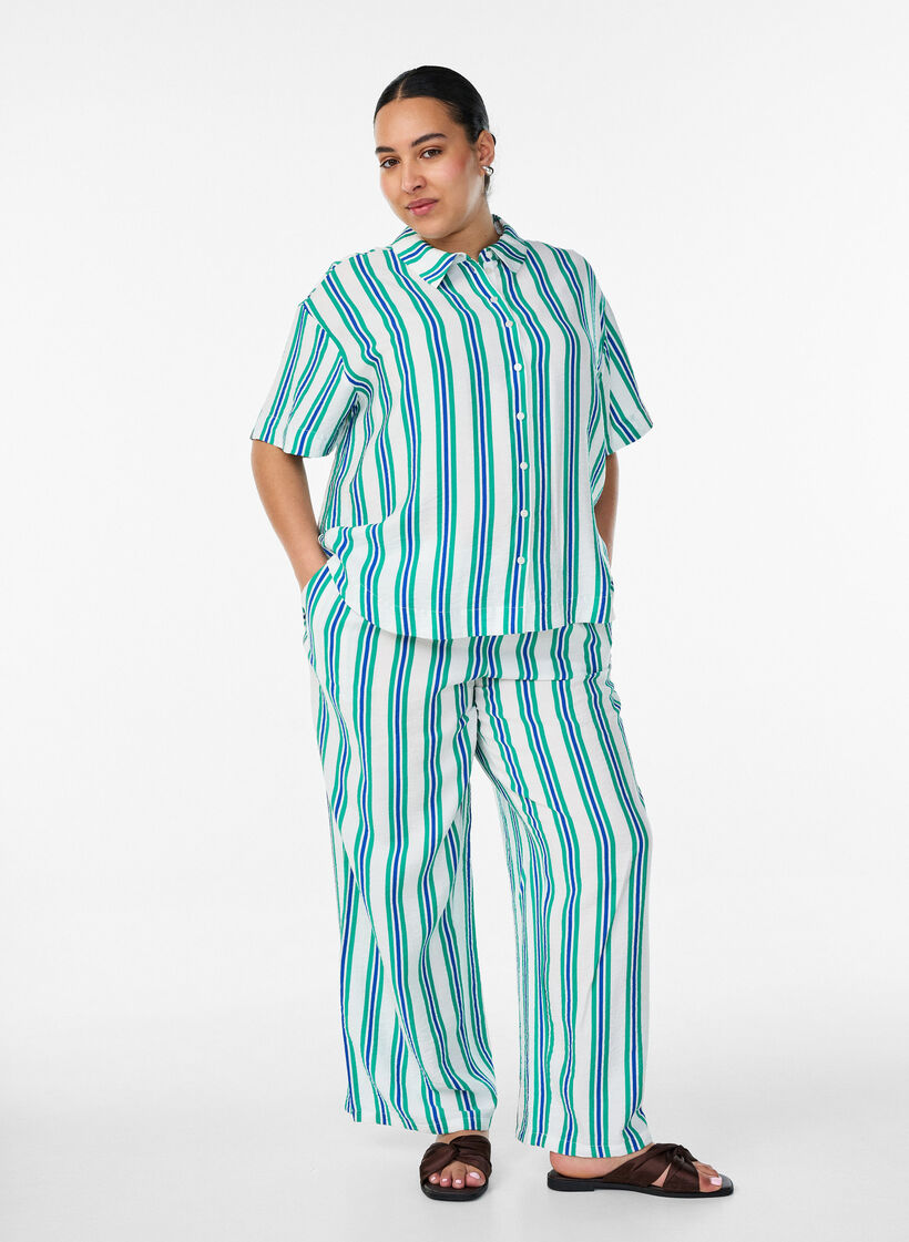 Gestreepte viscose shirt met korte mouwen, Vanille, Model image number 1