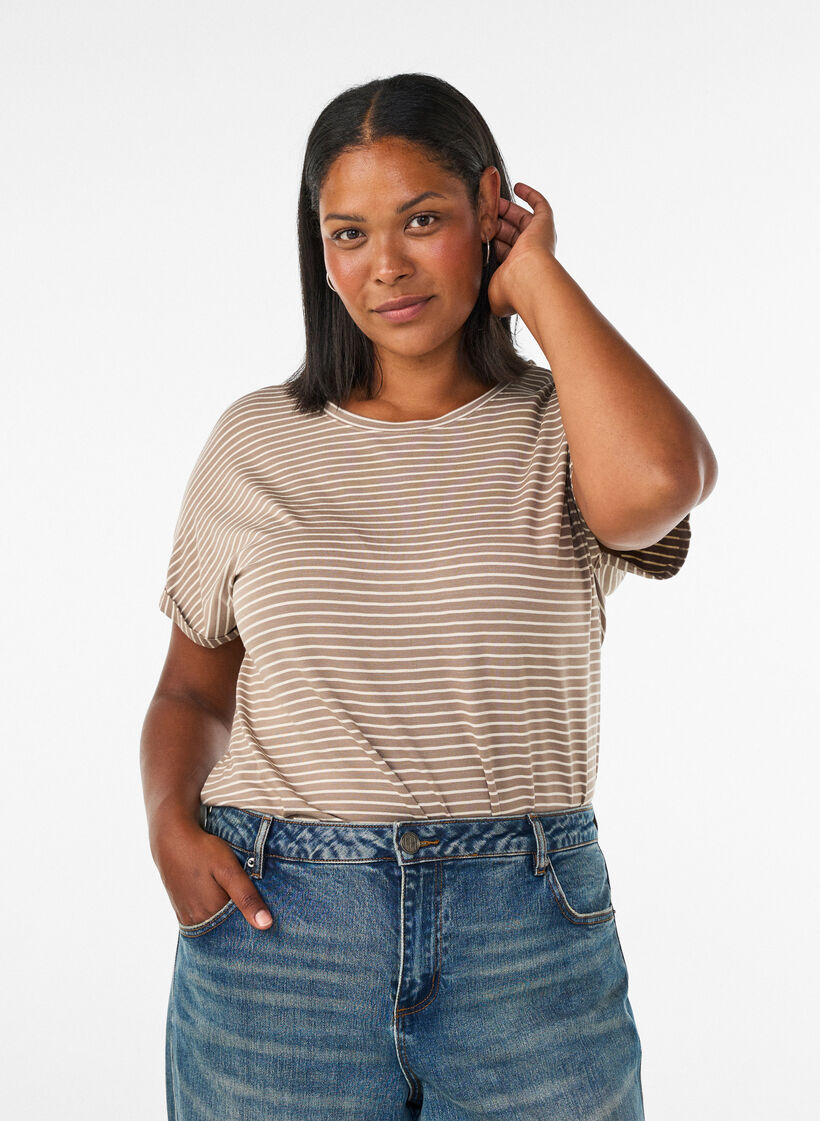 Gestreept T-shirt in viscose met een ronde hals, Beige, Model image number 0