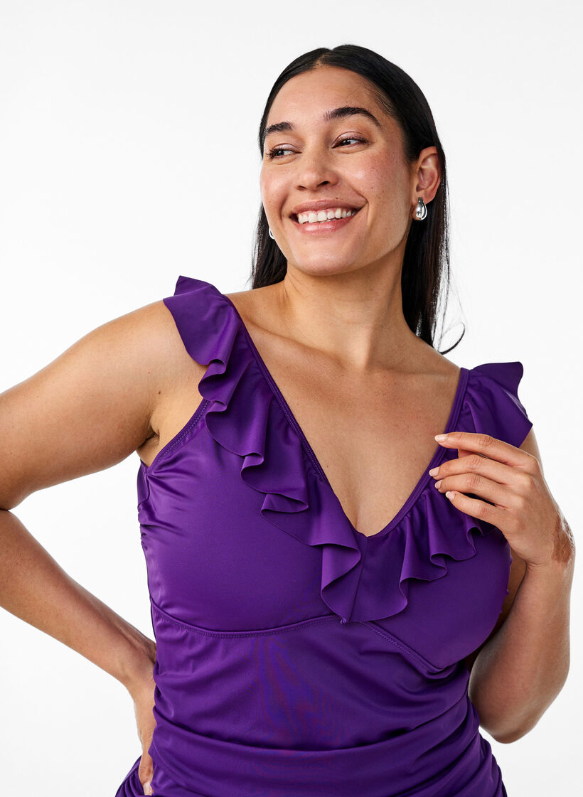 Badpak met ruches en afneembare vulling, Paars, Model image number 2