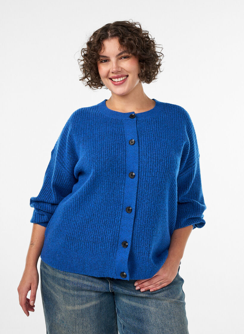 Geribde cardigan met knopen, Blauw, Model image number 0