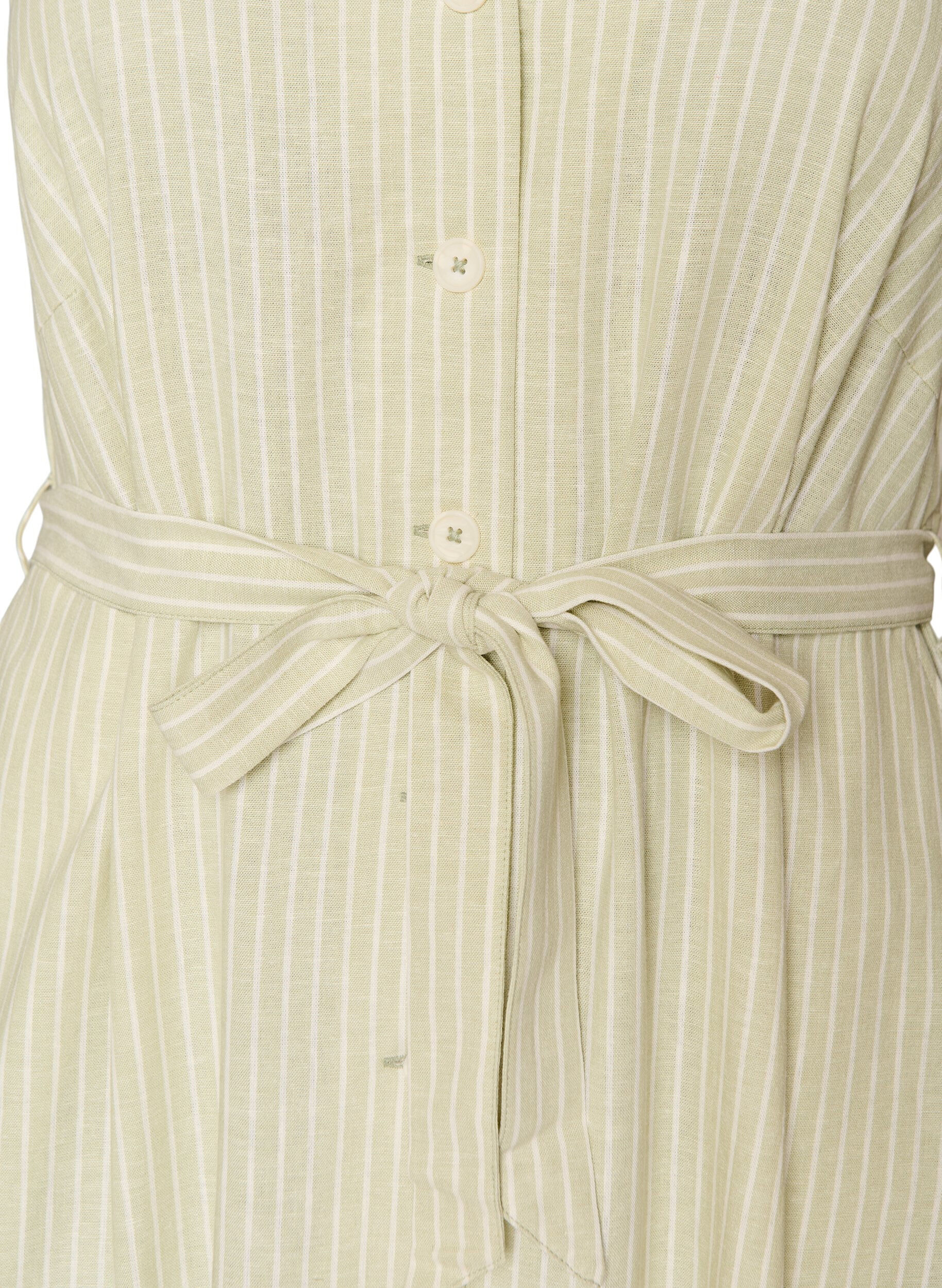 ZizziMouwloze gestreepte midi jurk in linnen en viscose, Groen, Packshot image number 2