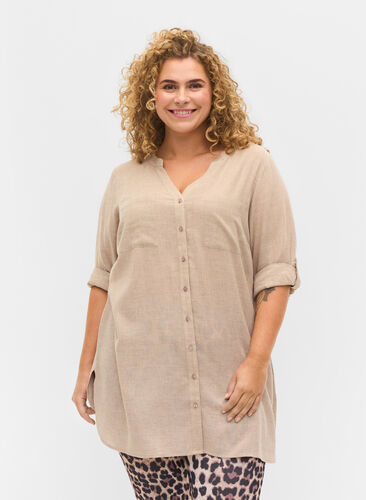 Lange blouse met 3/4 mouwen en v-hals, Simply Taupe, Model image number 0