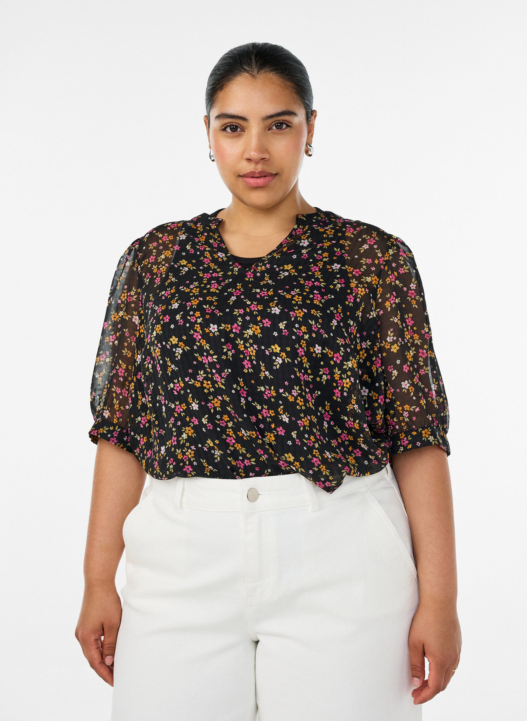 ZizziBlouse met bloemenprint en V-hals, Zwart, Model image number 0