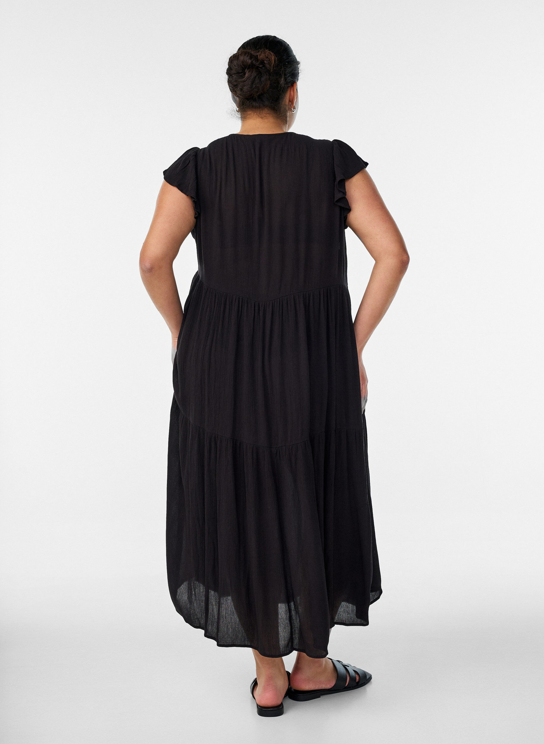 ZizziMidi jurk van viscose met ruches mouwen, Zwart, Model image number 1