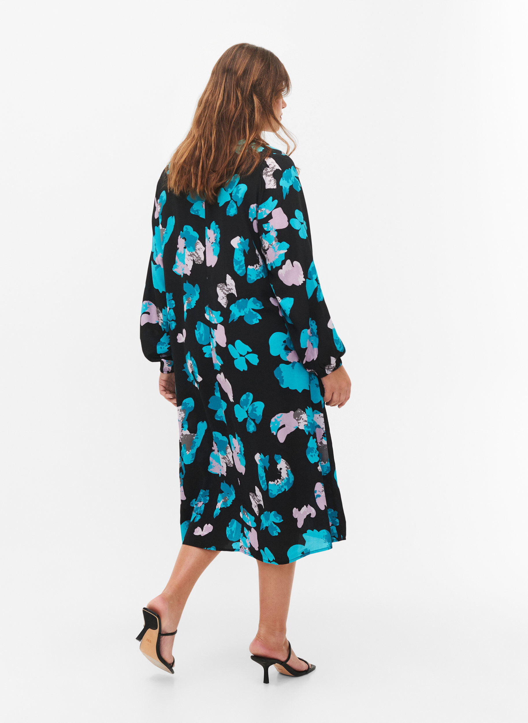 Zizzi Viscose jurk met lange mouwen en print, Blue AOP, Model image number 1