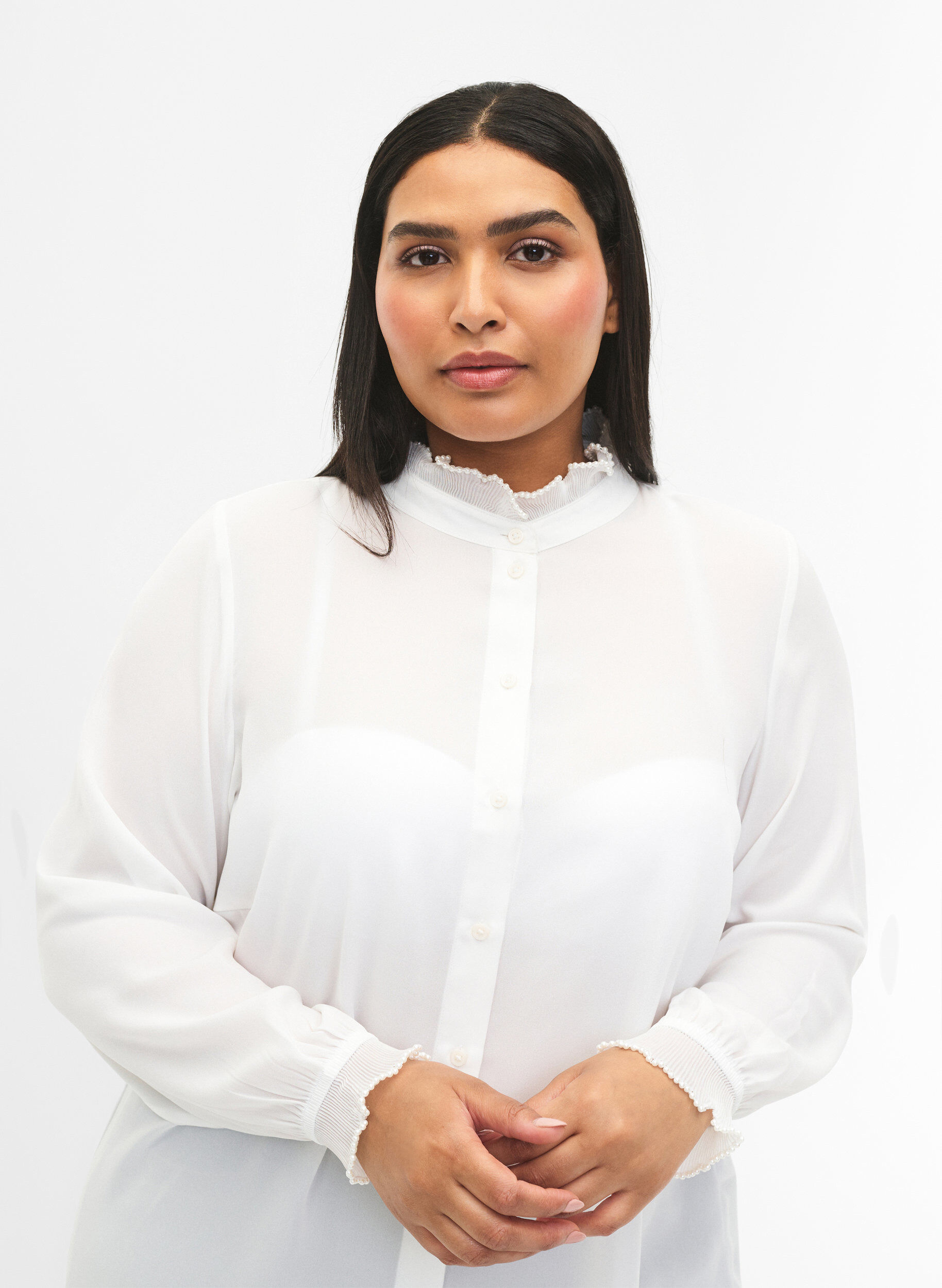 Zizzi Shirt blouse met ruches, Bright White, Model image number 3