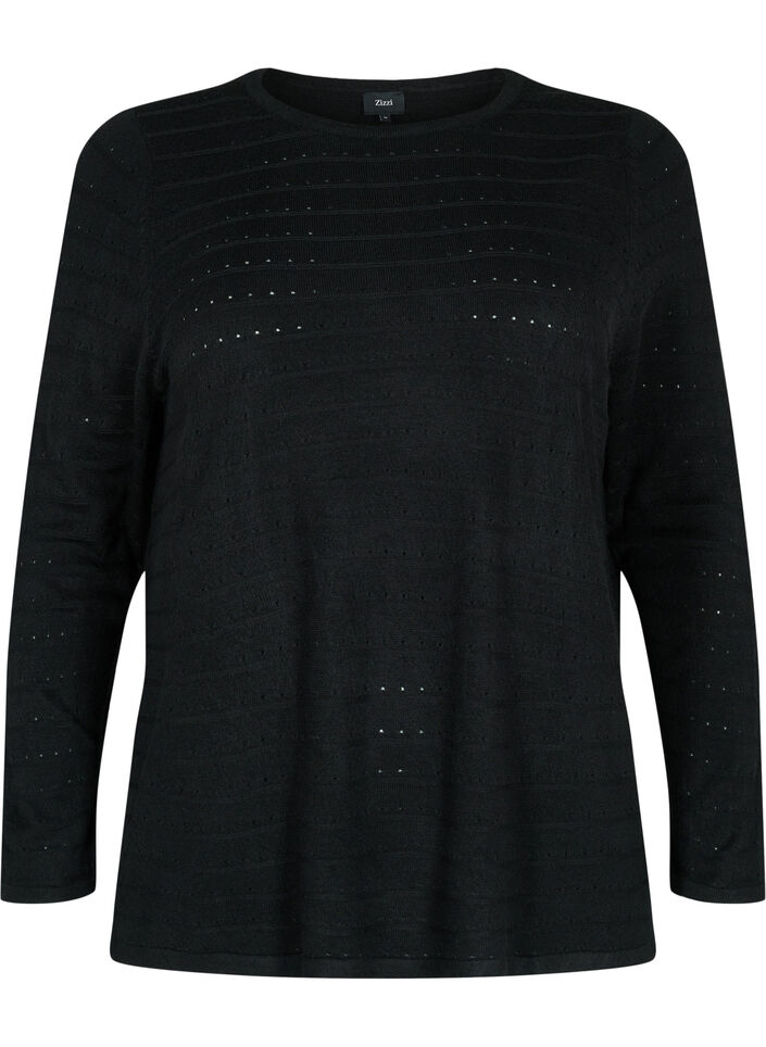 Gebreide blouse met structuur en ronde hals, Black, Packshot image number 0
