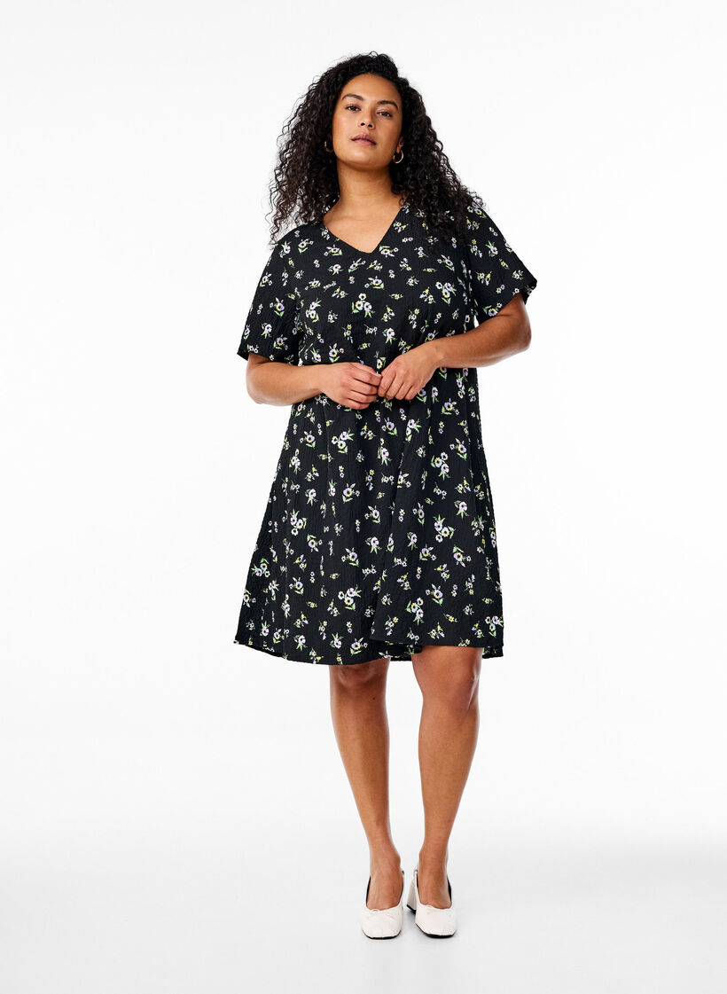 Jurk met korte mouwen en een V-hals, Zwart, Model image number 1
