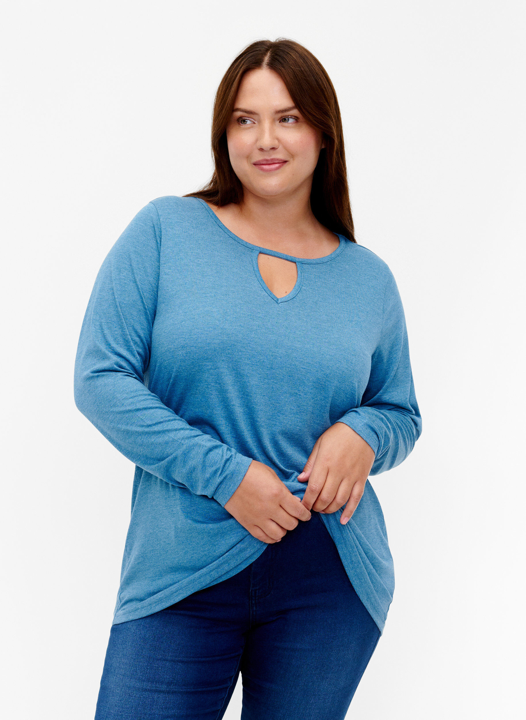 Zizzi Gem&ecirc;leerde blouse met lange mouwen, Legion Blue Mel., Model image number 0