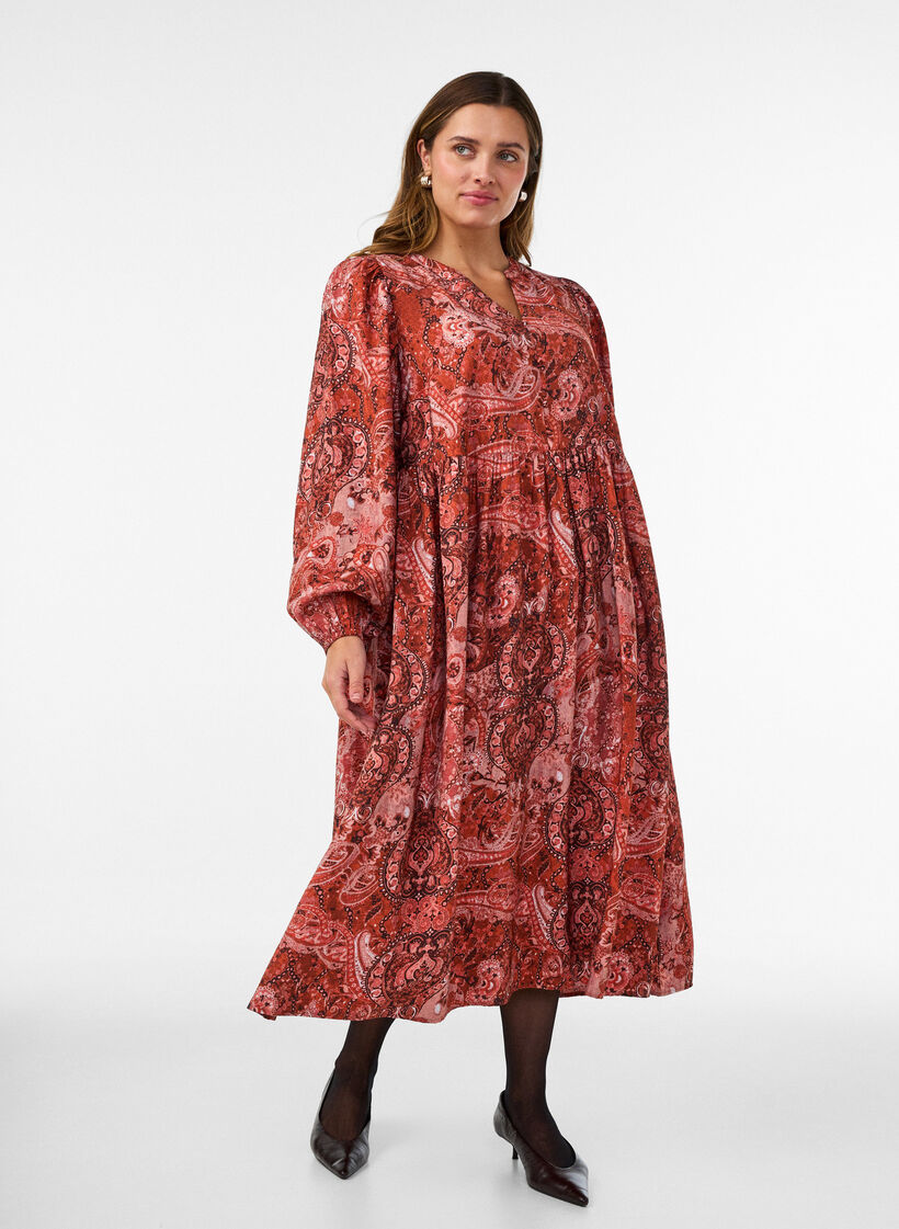 Viscose midi-jurk met paisleyprint, Oranje, Model image number 0