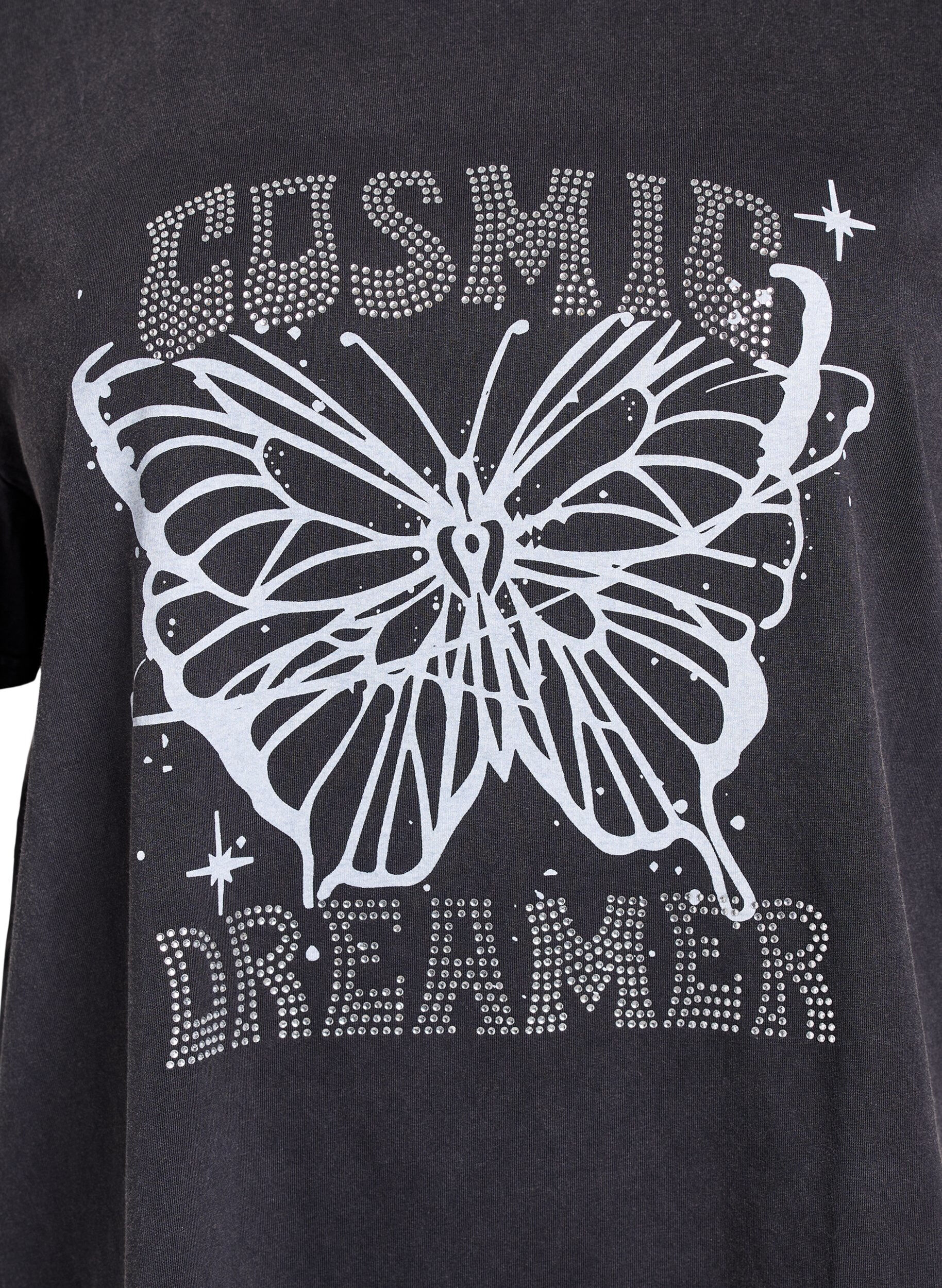 Zizzi Biologisch katoenen T-shirt met strass en vlinder motief, Grijs, Packshot image number 2