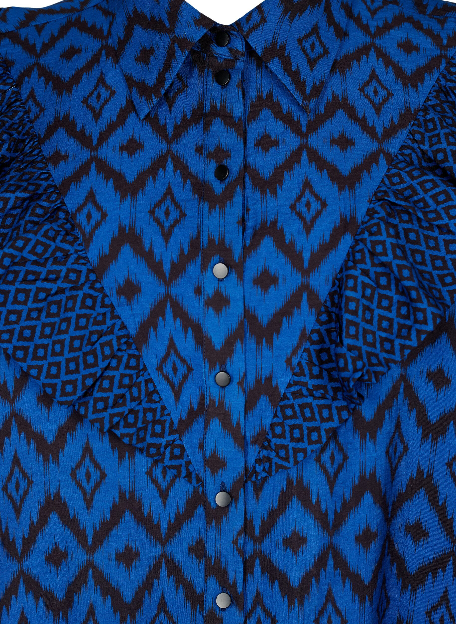 Zizzi Lange viscose shirt met print en franjes, True blue w. Black, Packshot image number 2