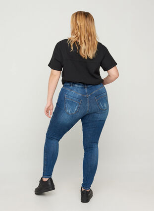 Amy jeans met hoge taille en slijtage, Blue denim, Model image number 1