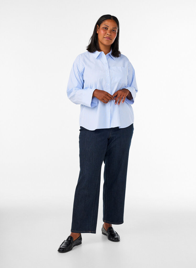 Gestreept shirt met wijde manchetten, Blauw, Model image number 1