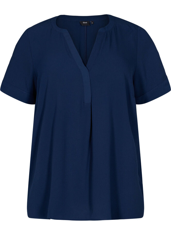 Blouse met korte mouwen en v-hals, Blauw, Packshot image number 0