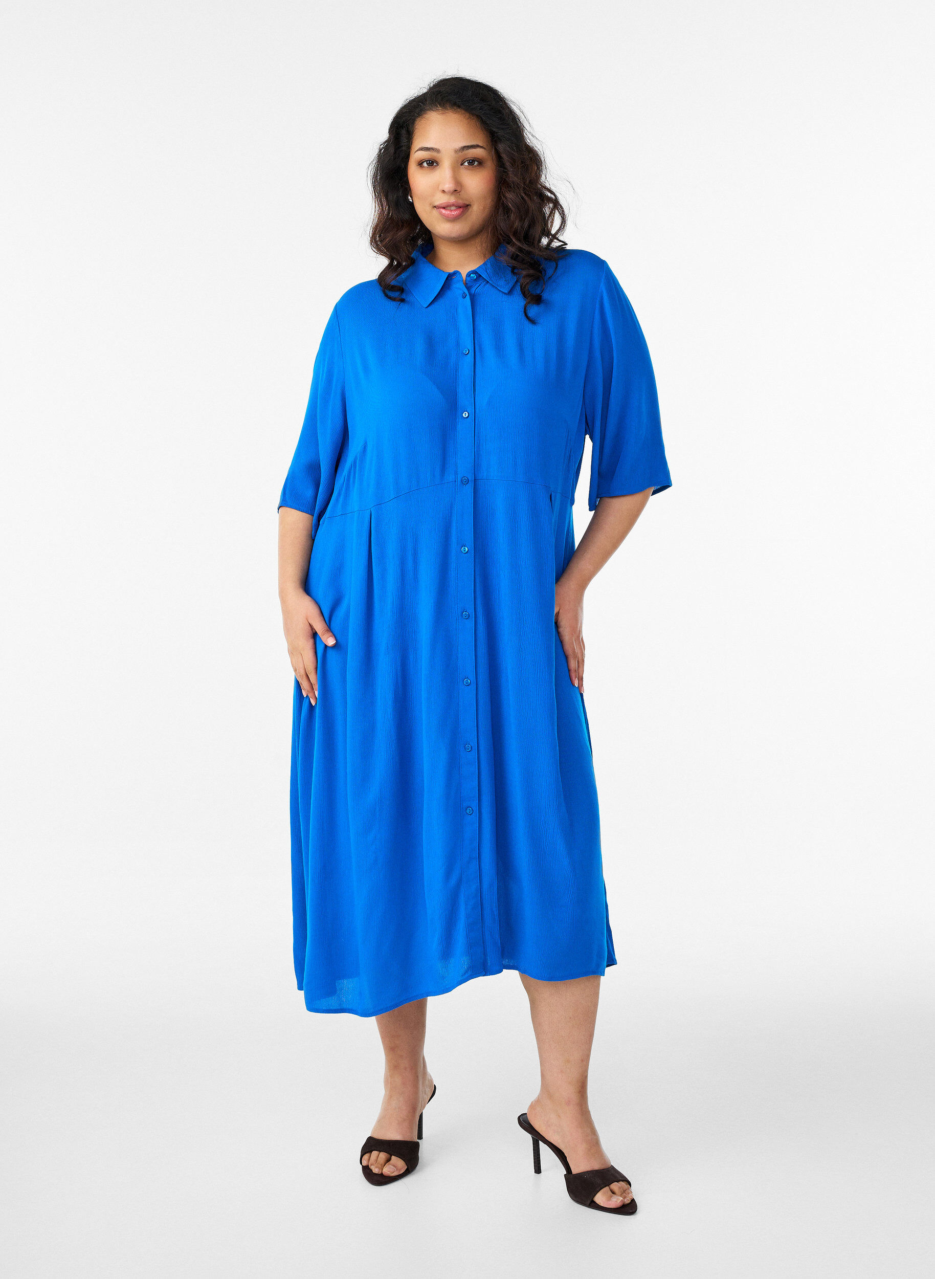 Midi shirtjurk met korte mouwen, Blauw, Model