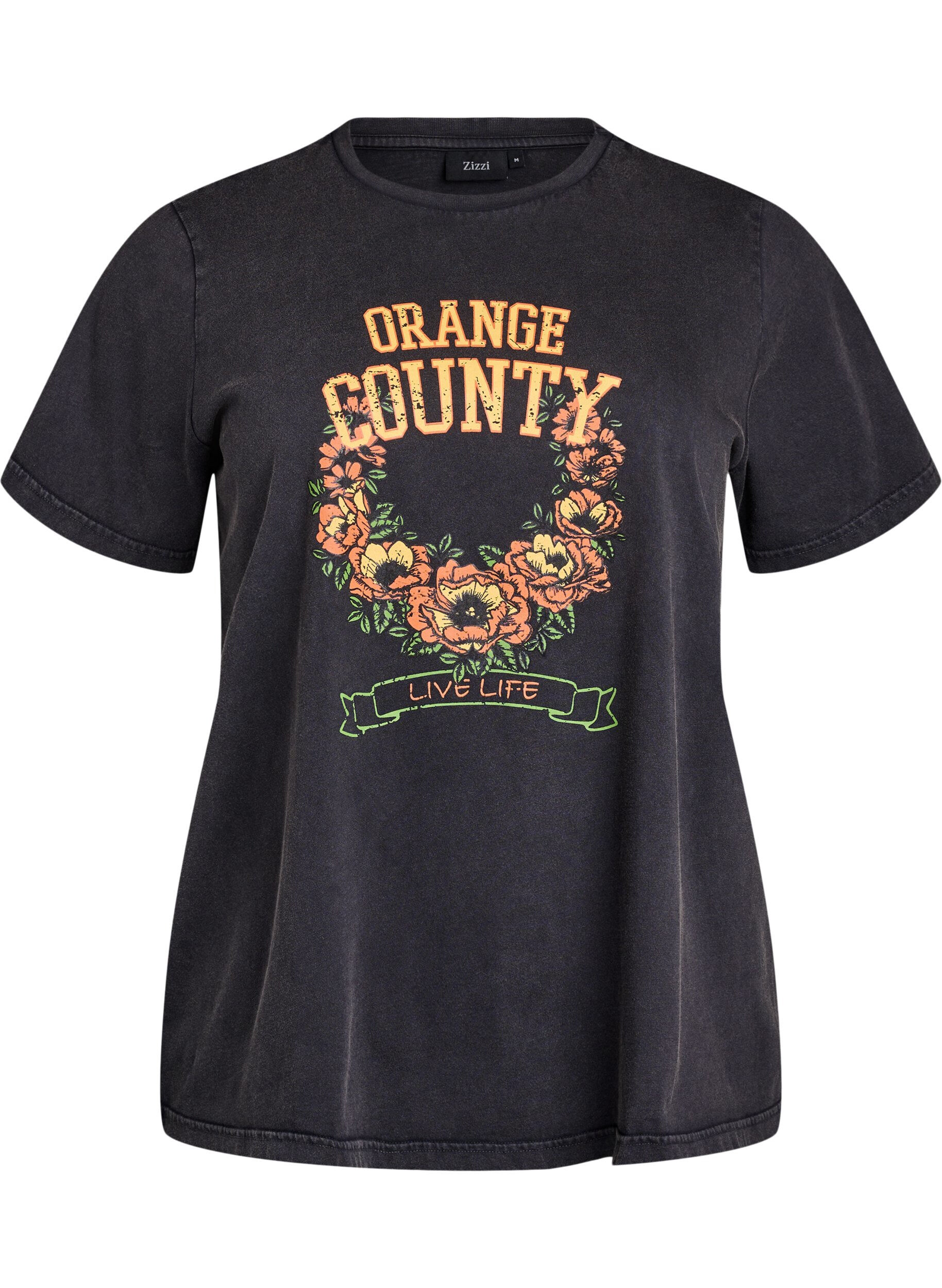 Zizzi T-shirt in biologisch katoen met een coole print, Grijs, Packshot image number 0