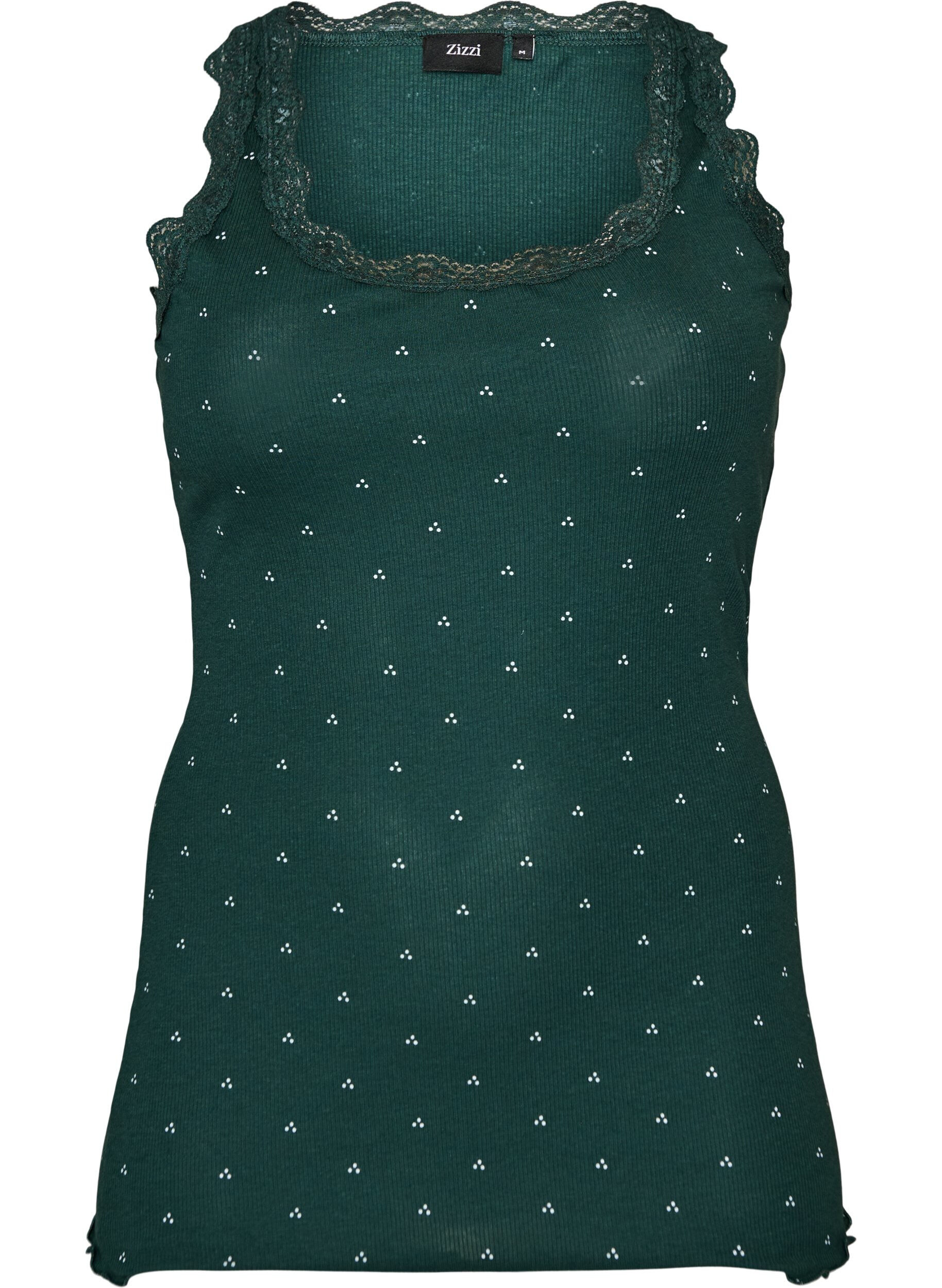 ZizziTop met print en kanten rand, Groen, Packshot image number 0