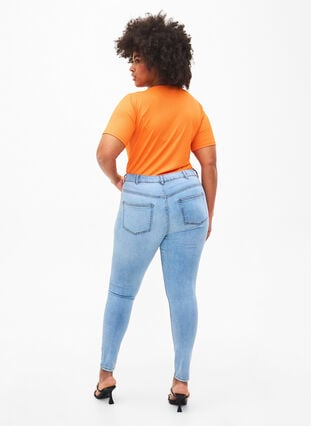Slim fit jeans met slijtagedetails, Light Blue, Model image number 1