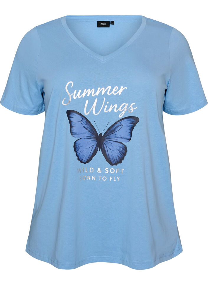 Katoenen T-shirt met V-hals en print aan de voorkant, 0698, Packshot image number 0