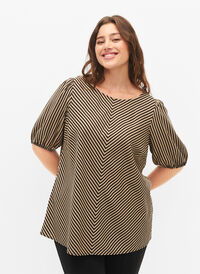 Viscose blouse met gestreepte print en 1/2 mouwen, Coriander/Bl. Stripe, Model