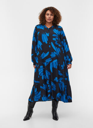 Viscose midi-jurk met knopen en print, Dark Blue AOP, Model image number 2