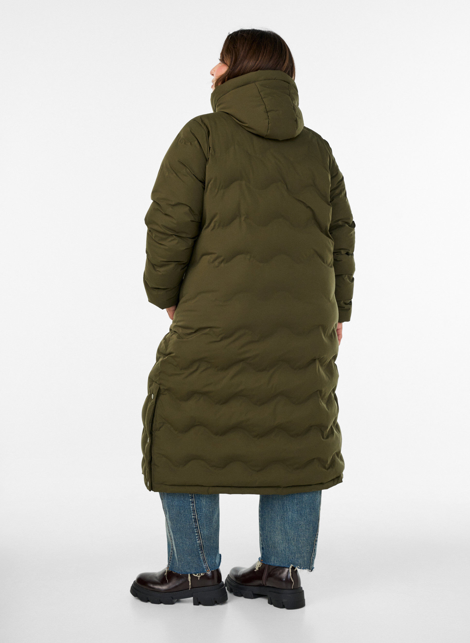ZizziLange gewatteerde jas met capuchon en een golfpatroon, Groen, Model image number 2