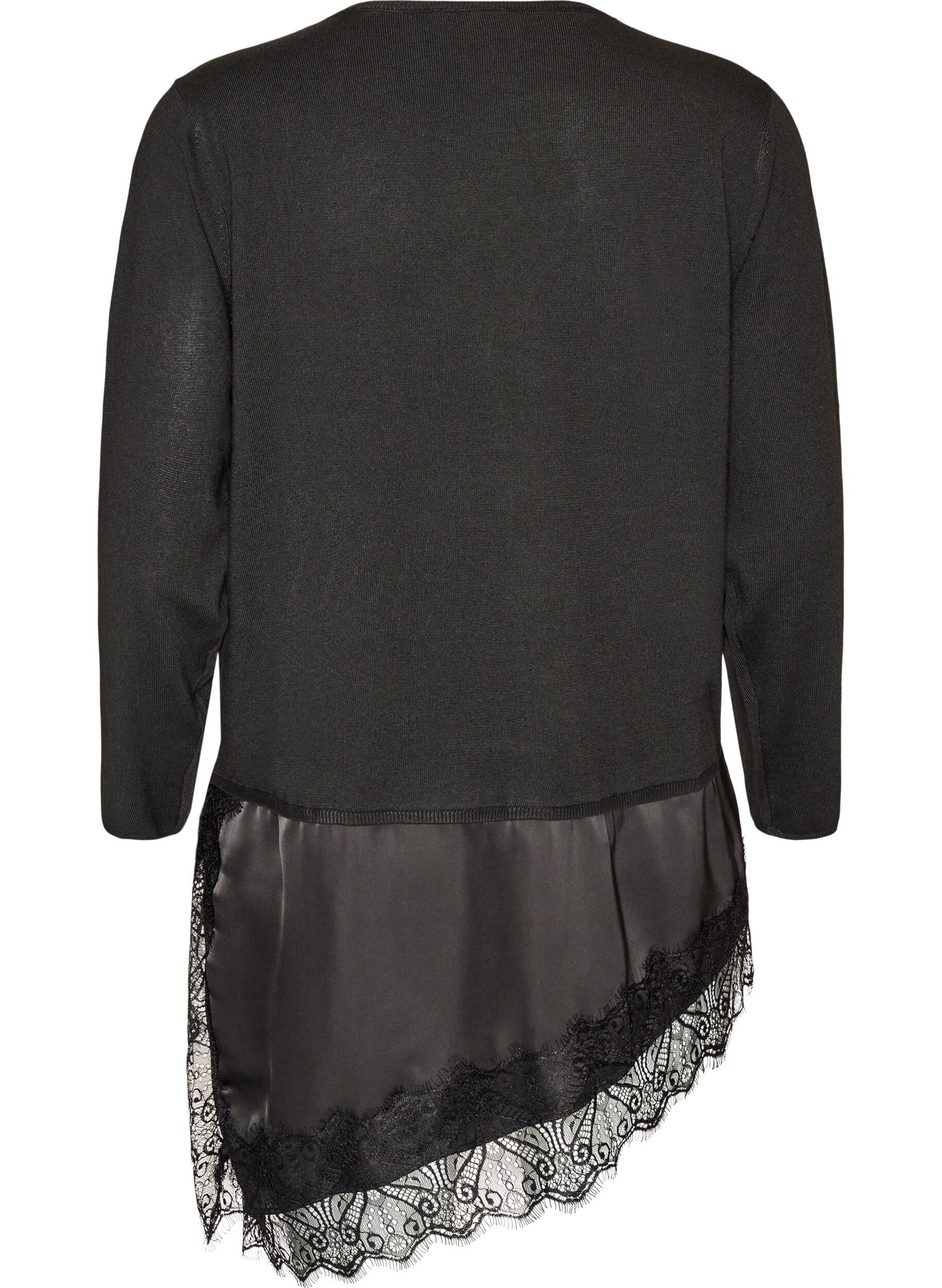 ZizziGebreide blouse met gelaagd effect en kanten rand, Zwart, Packshot image number 1