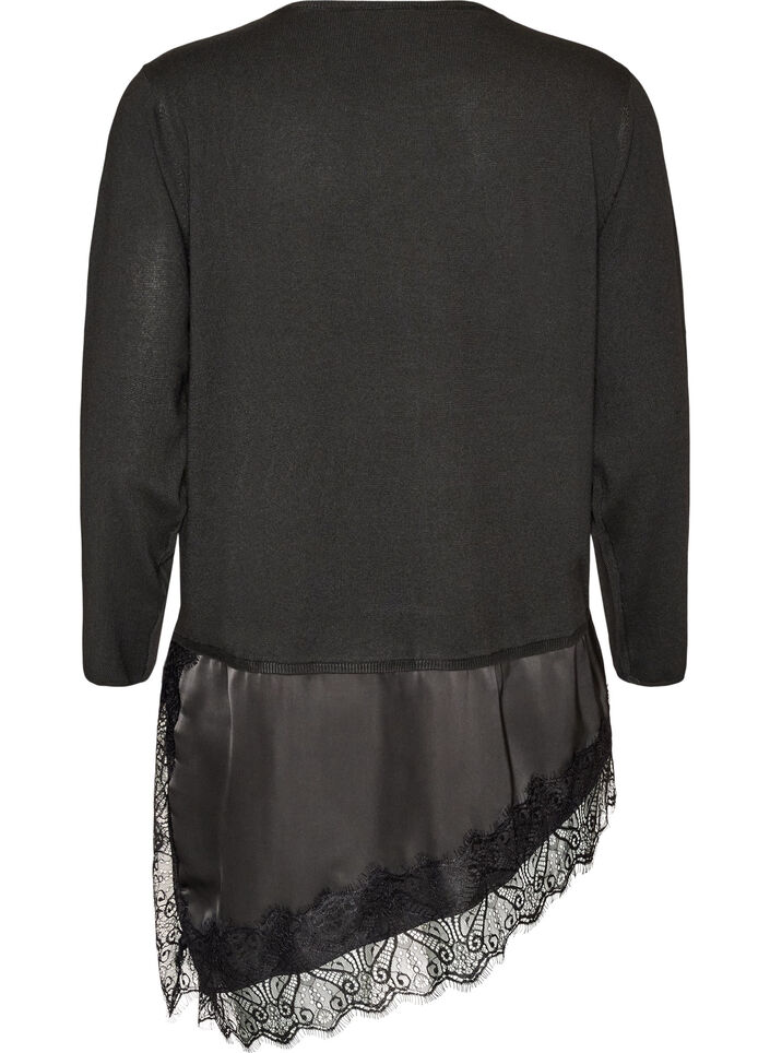 Gebreide blouse met gelaagd effect en kanten rand, Zwart, Packshot image number 1