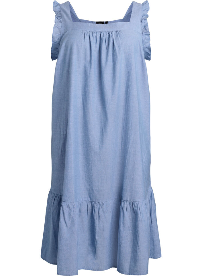 Midi-jurk in katoen met ruches, Blauw, Packshot image number 0
