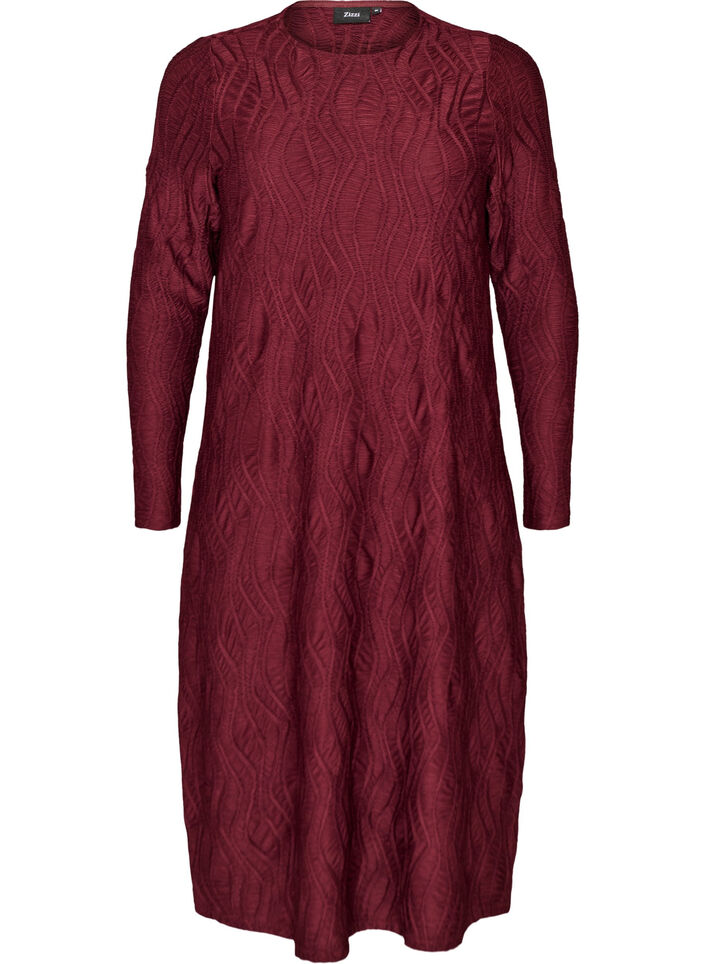 Midi jurk met golvende structuur en lange mouwen, Rood, Packshot image number 0