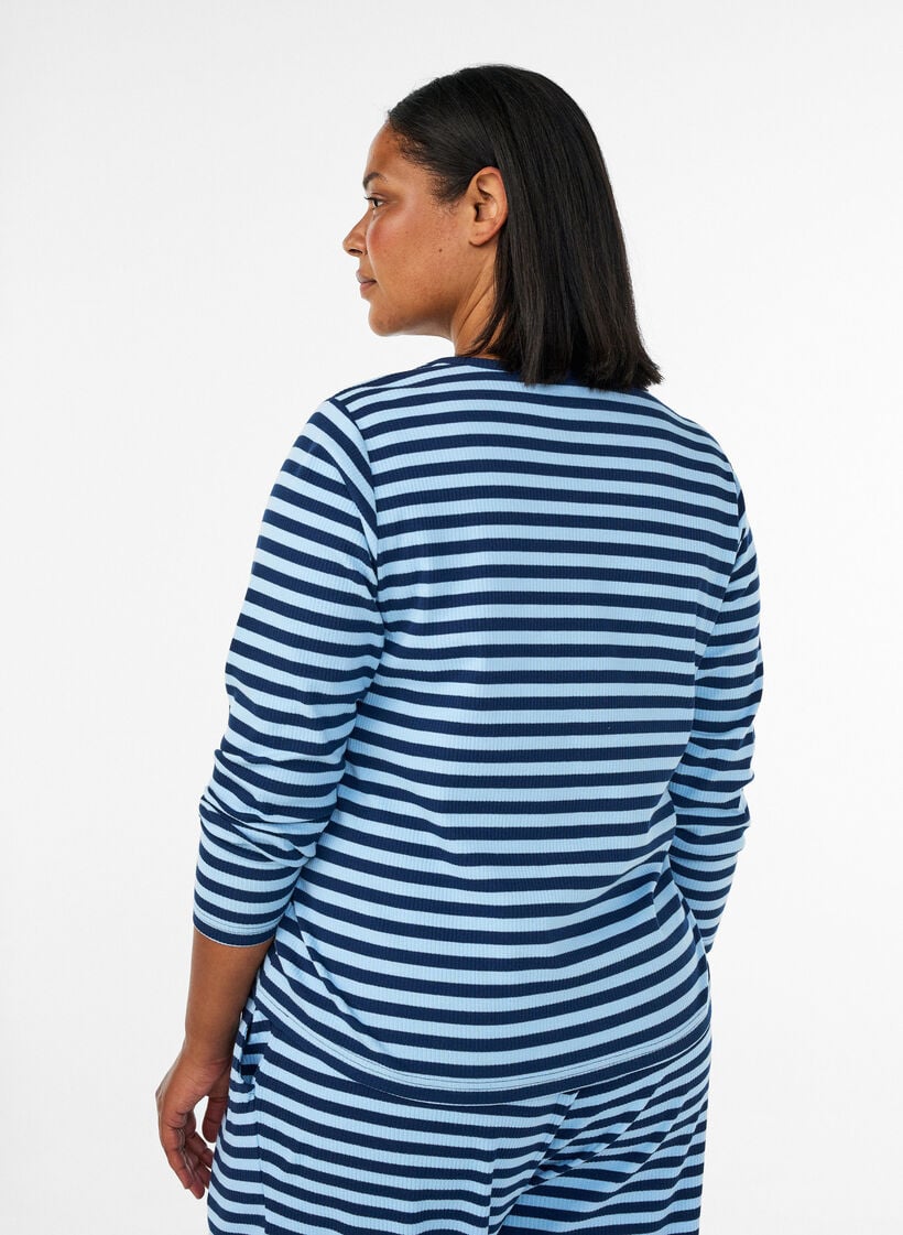 Nachtbovenstuk met lange mouwen in geribde jersey met strepen, Blauw, Model image number 2
