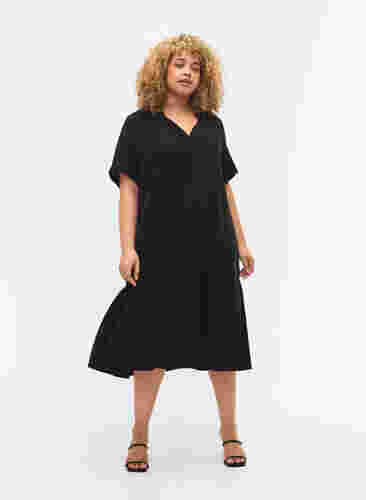 Midi-jurk met korte mouwen van katoen, Black, Model image number 2