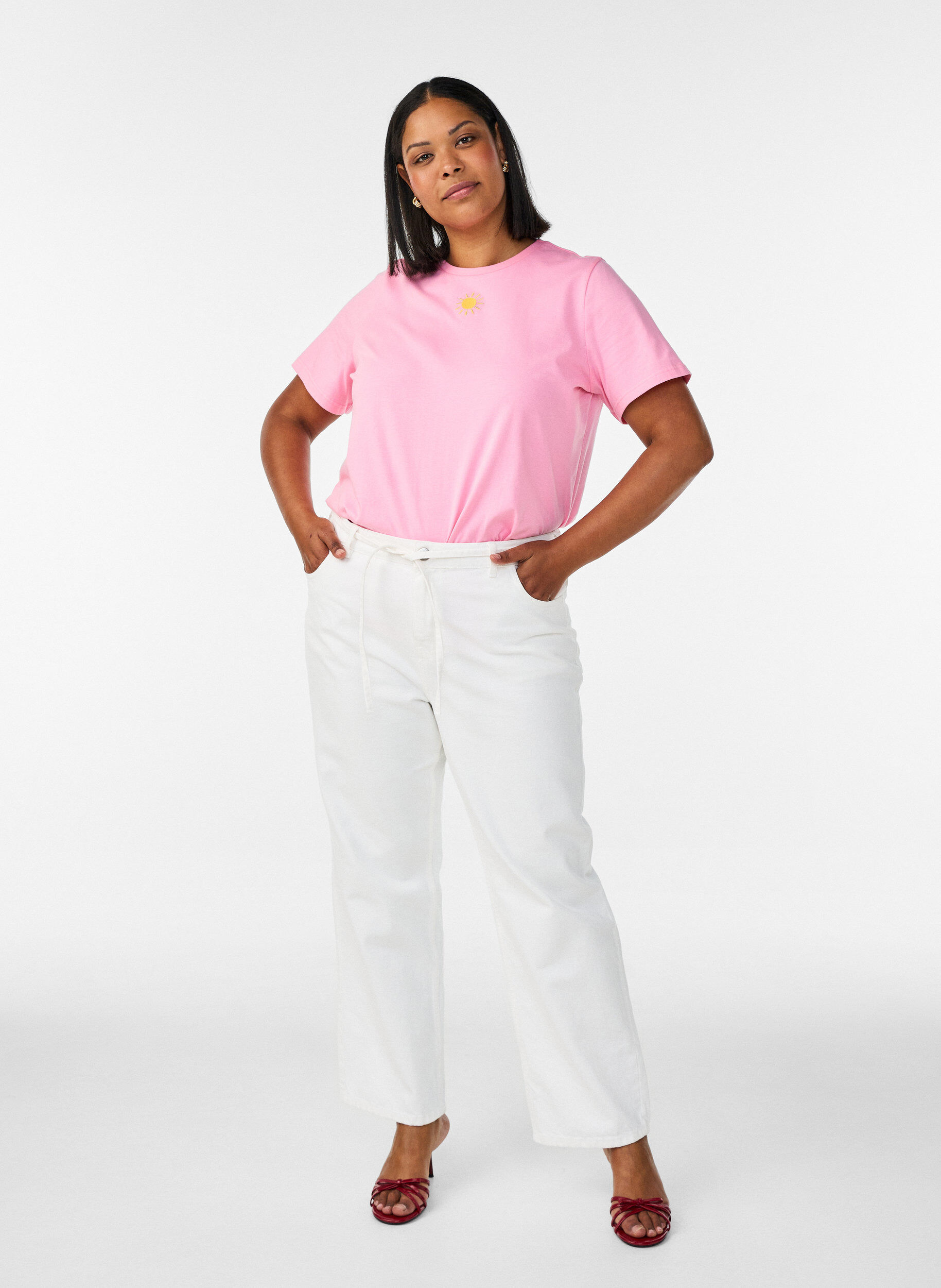ZizziBiologisch katoenen T-shirt met tekstmotief, Roze, Model image number 1