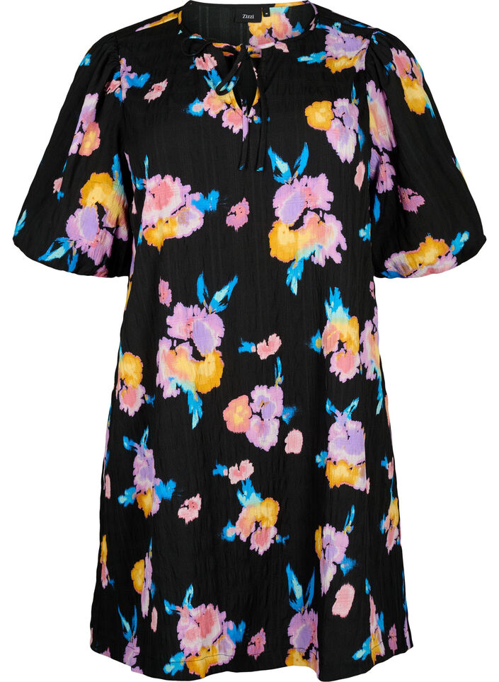 Jurk met korte pofmouwen en bloemenprint, Black w. flower AOP, Packshot image number 0
