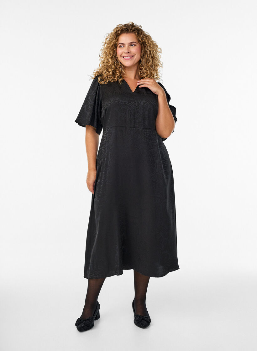 Midi-jurk met jacquard en paisleypatroon en vleugelmouwen, Zwart, Model image number 0