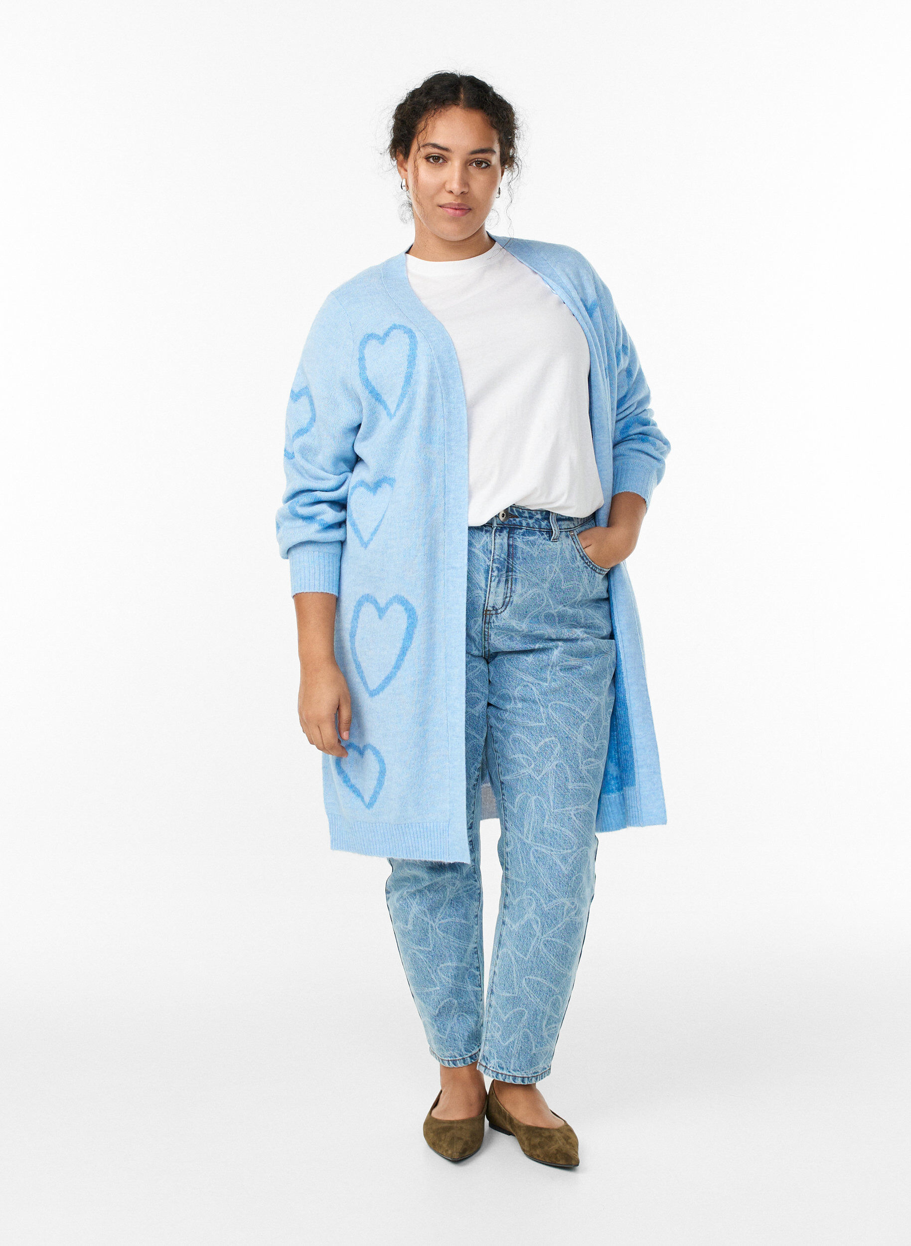 Zizzi Lange cardigan met ton-sur-ton harten, Blauw, Model image number 1