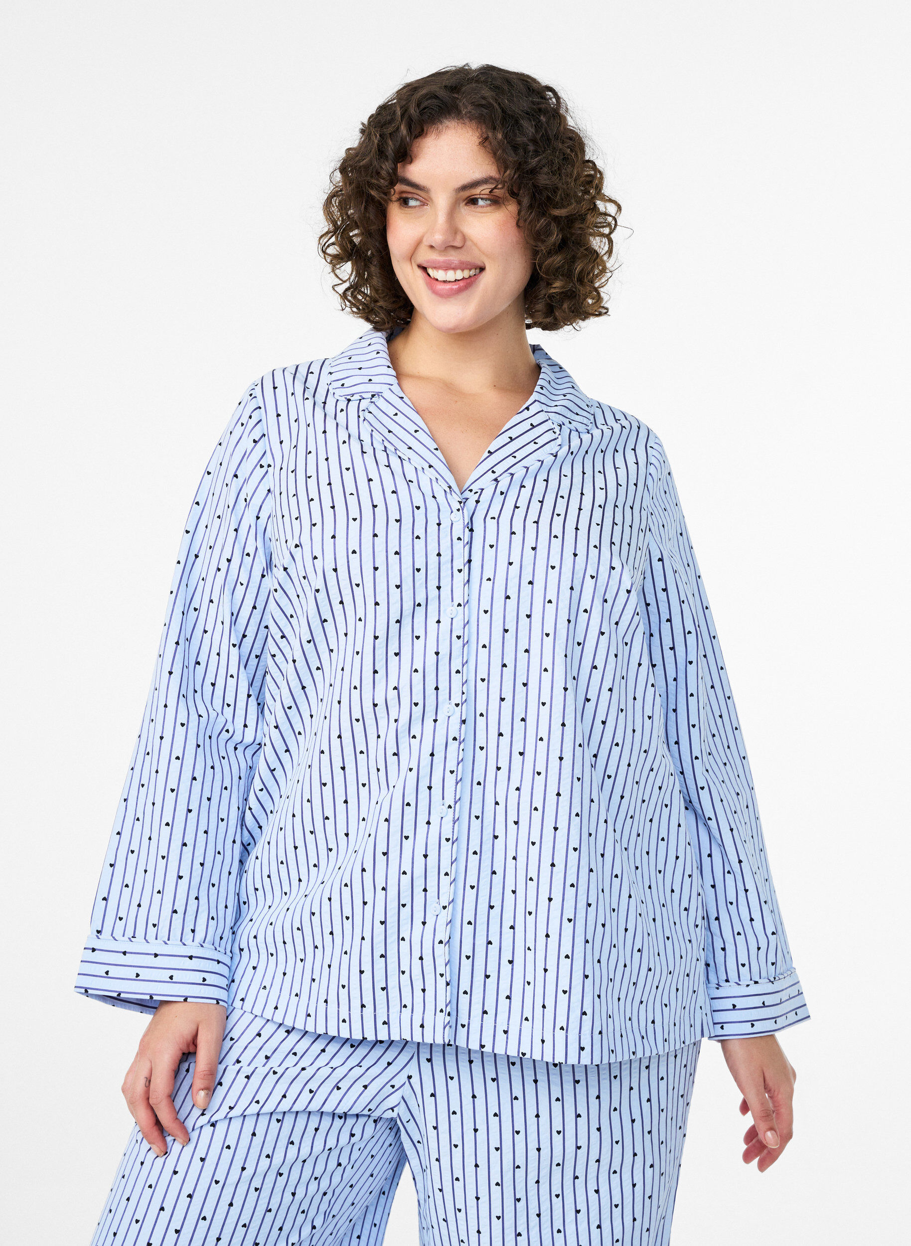 Seersucker-pyjamahemd met lange mouwen, Blauw, Model