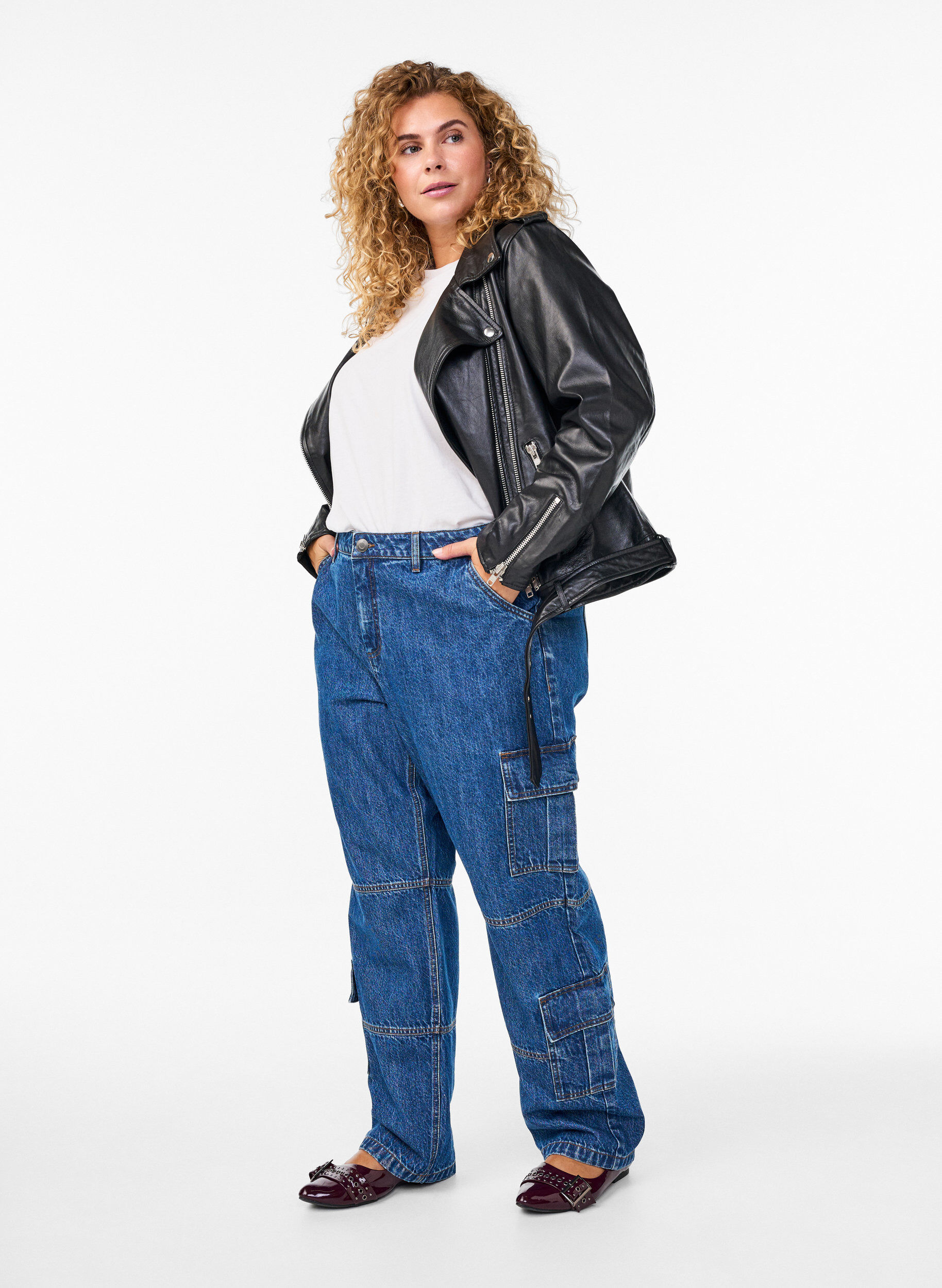 Zizzi Leren bikerjack met riem, Zwart, Model image number 1