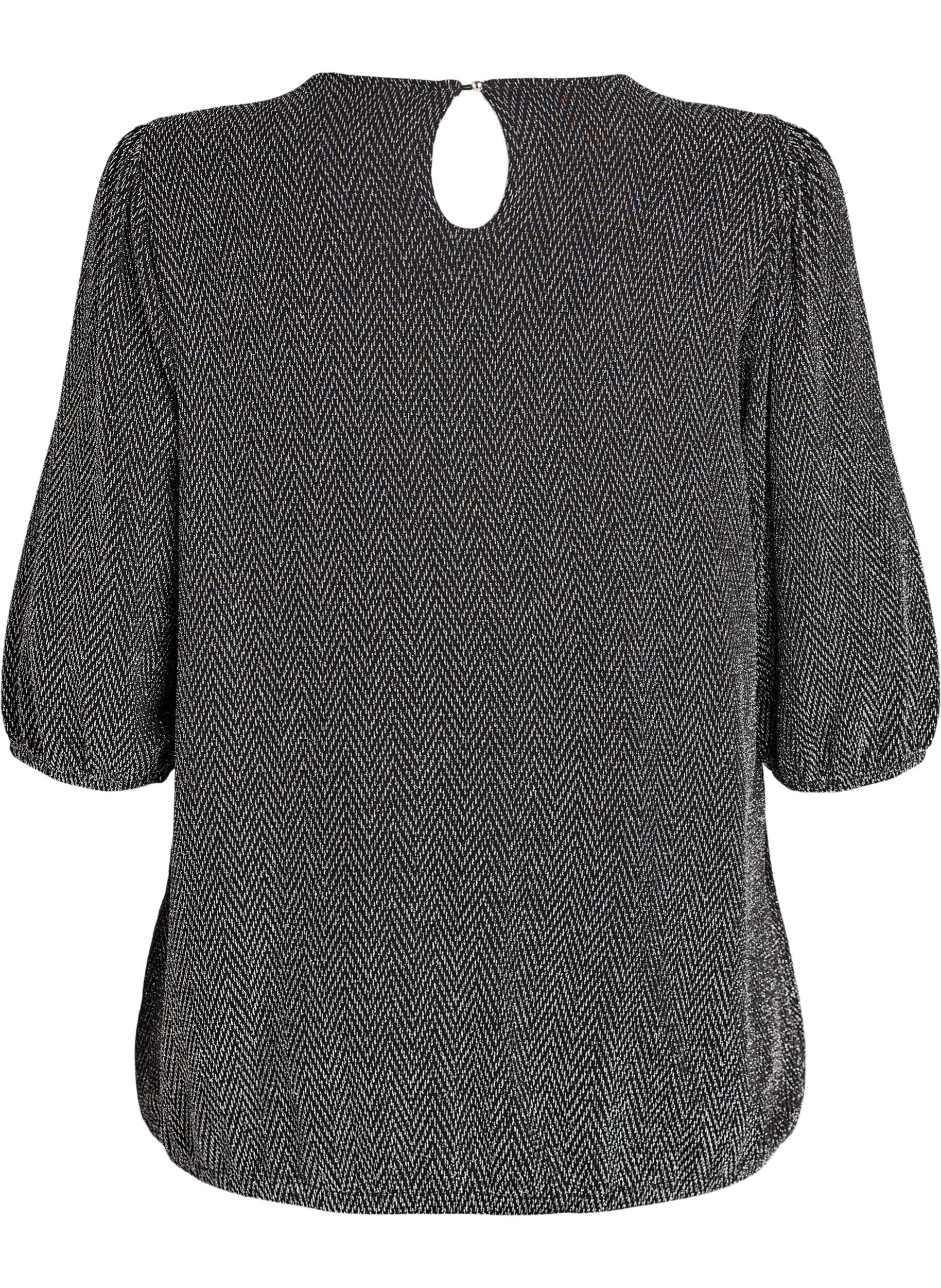 Zizzi Blouse met glitterpatroon en 3/4 mouwen, Zwart, Packshot image number 1