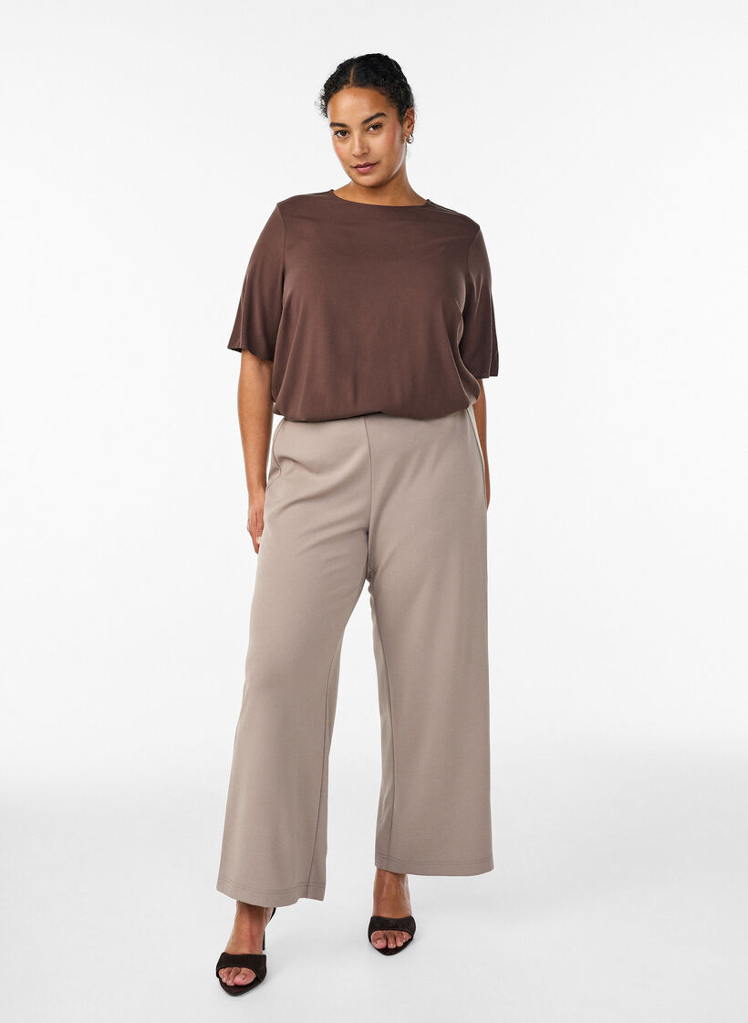 Geweven blouse met korte mouwen en ronde hals, Bruin, Model image number 1