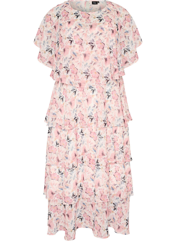 Maxi jurk met ruches en afneembare cape, Wit, Packshot image number 0