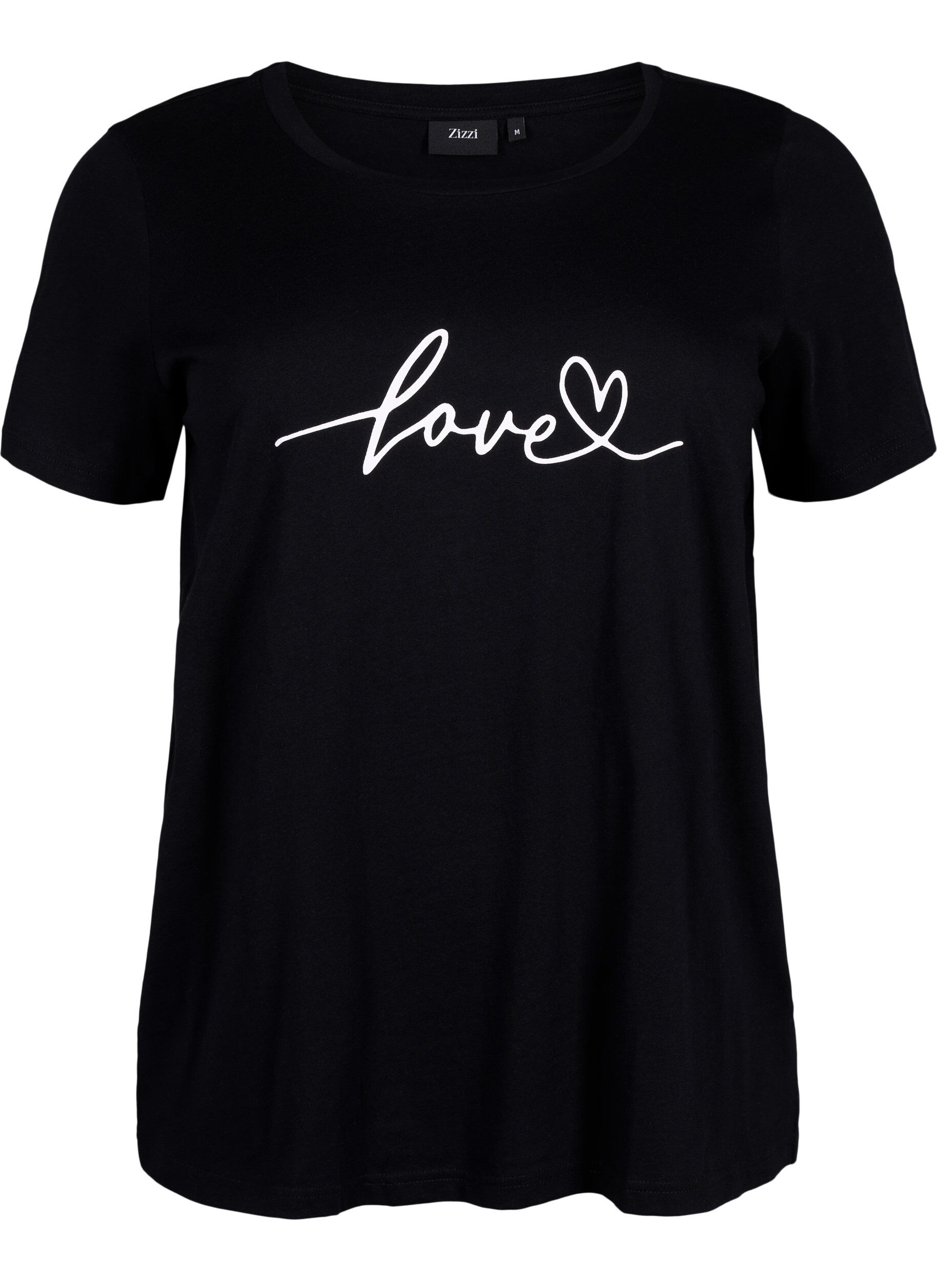 Zizzi Katoenen T-shirt met ronde hals en print, Black W. Love, Packshot image number 0