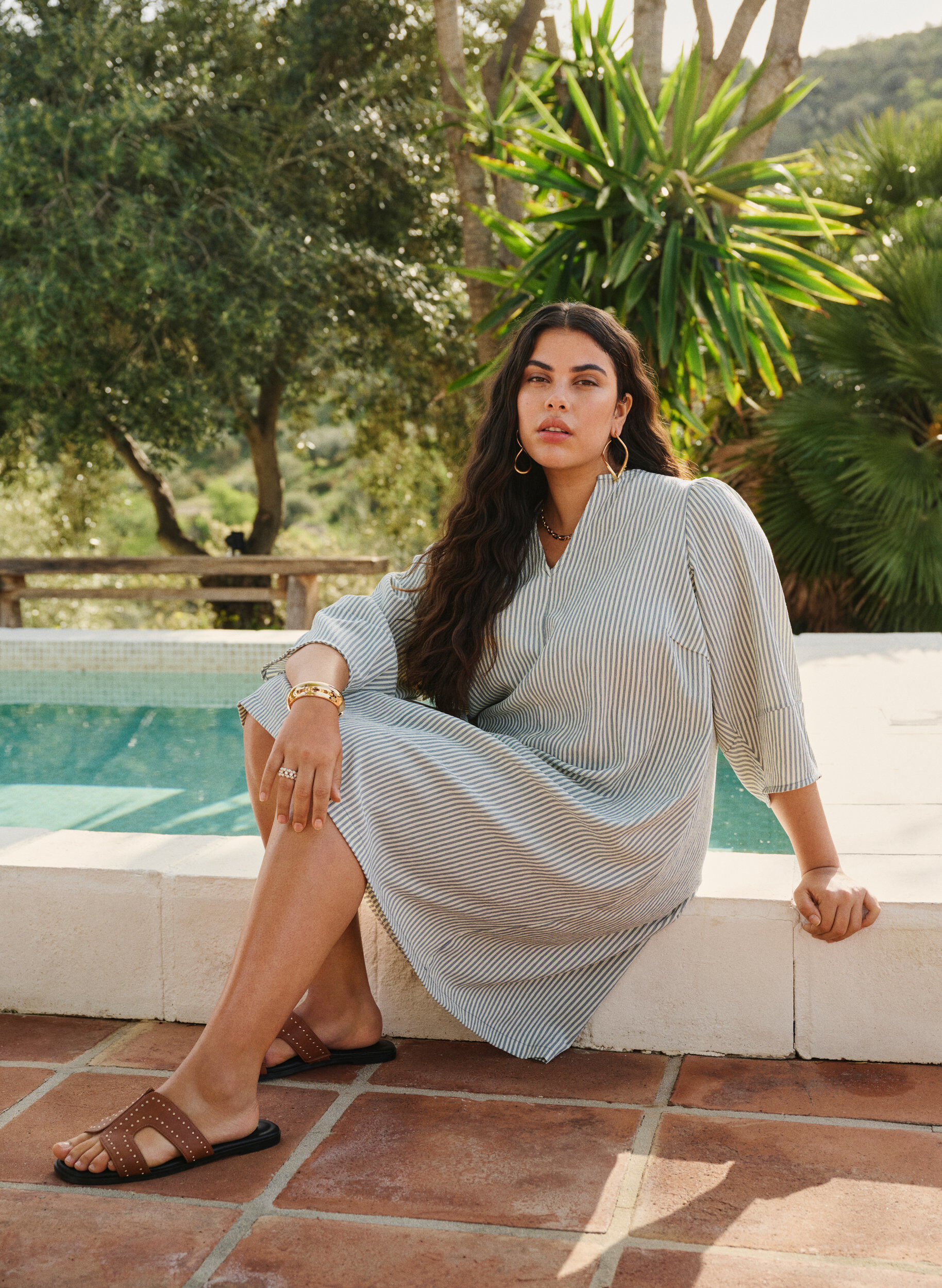 Zizzi Gestreepte jurk met 3/4 mouwen, Green Stripe, Image image number 0