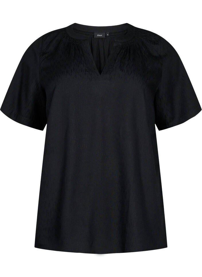 Viscose blouse met korte mouwen en v-hals, Black, Packshot image number 0