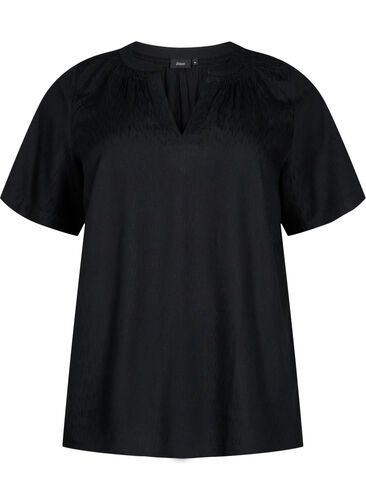 Viscose blouse met korte mouwen en v-hals, Black, Packshot image number 0