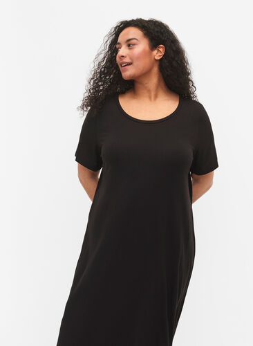 Midi-jurk van viscose met korte mouwen, Black, Model image number 2