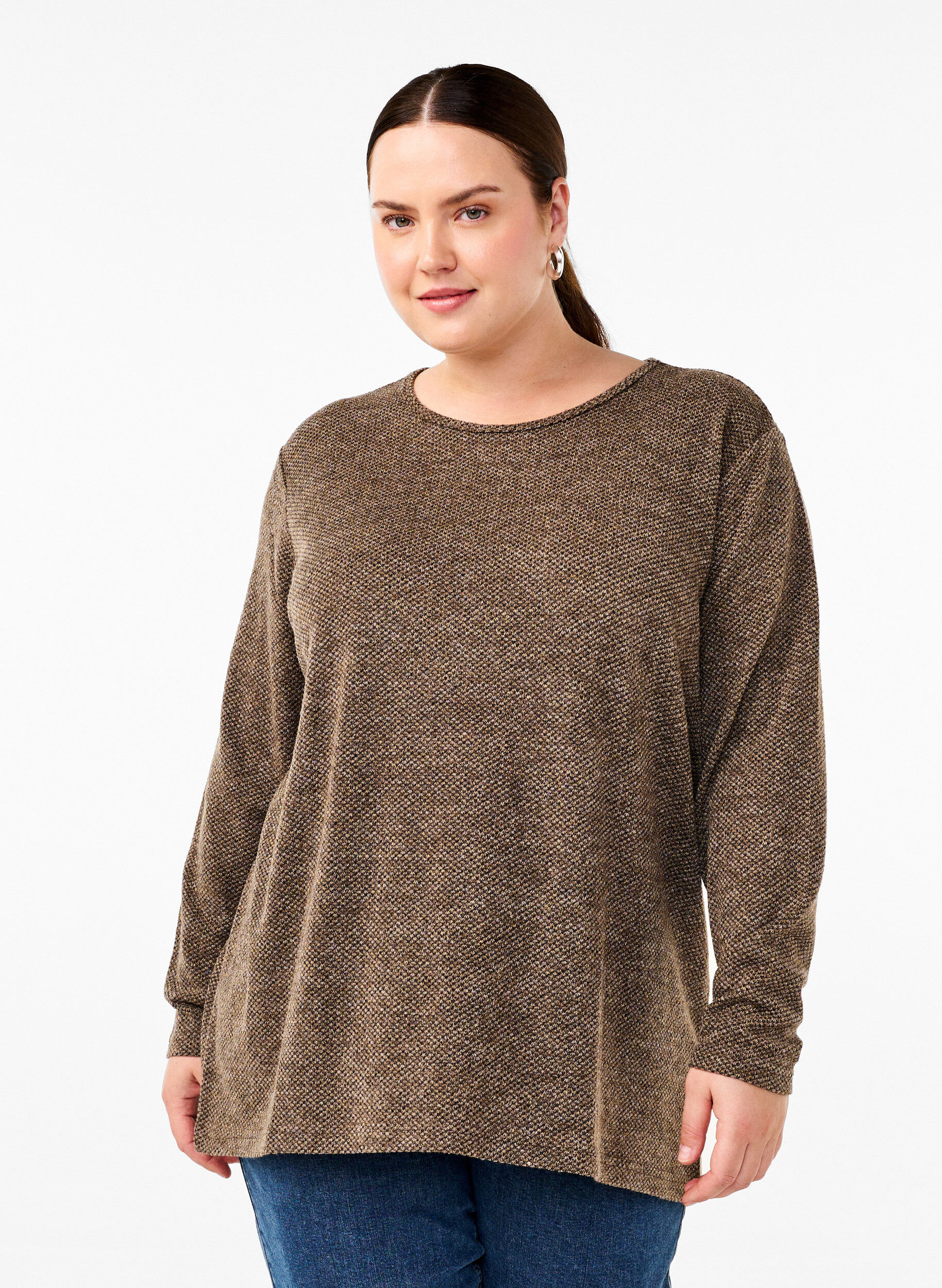 Zizzi Melange Blouse met een rond halsje en lange mouw, Caribou, Model image number 0