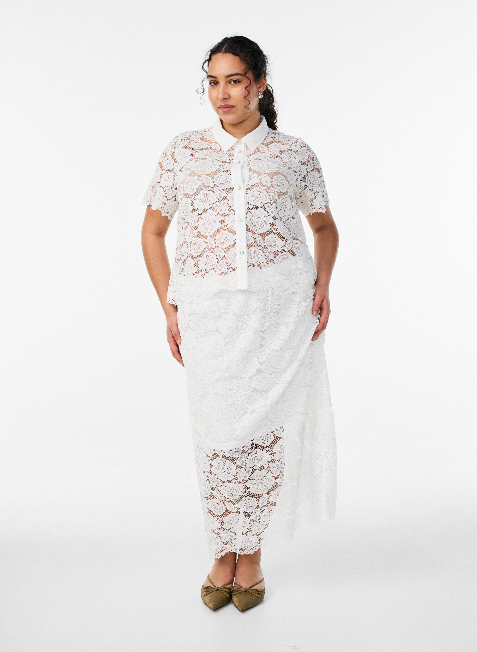 Zizzi Kanten shirt blouse met parelknopen, Wit, Model image number 1