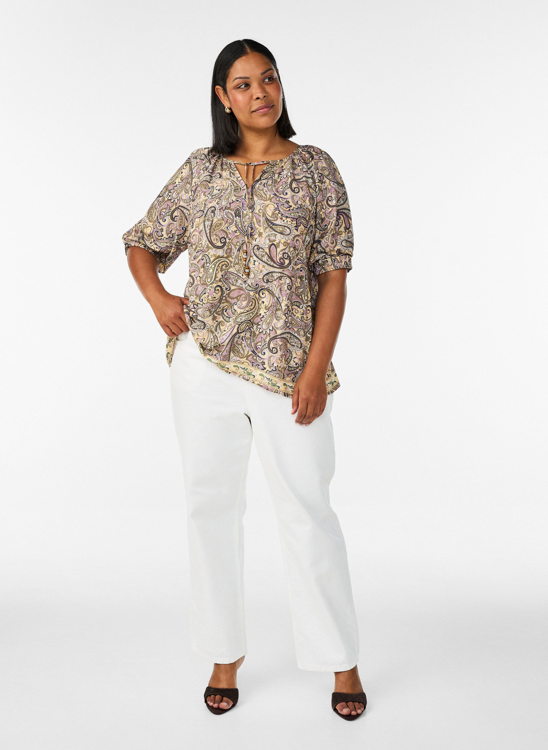 ZizziViscose blouse met paisleyprint en strikkoord, Geel, Model image number 1